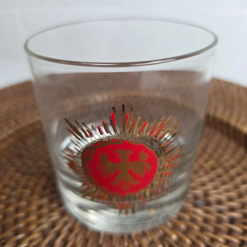 Vintage Set of 5 Mid-Century Modern Gold Medallion Whiskey Glasses Colorful